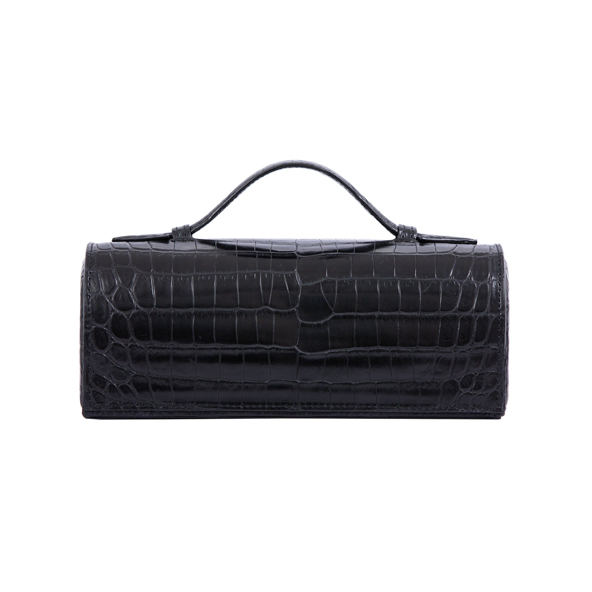 Black crocodile textured watch box on a white background 