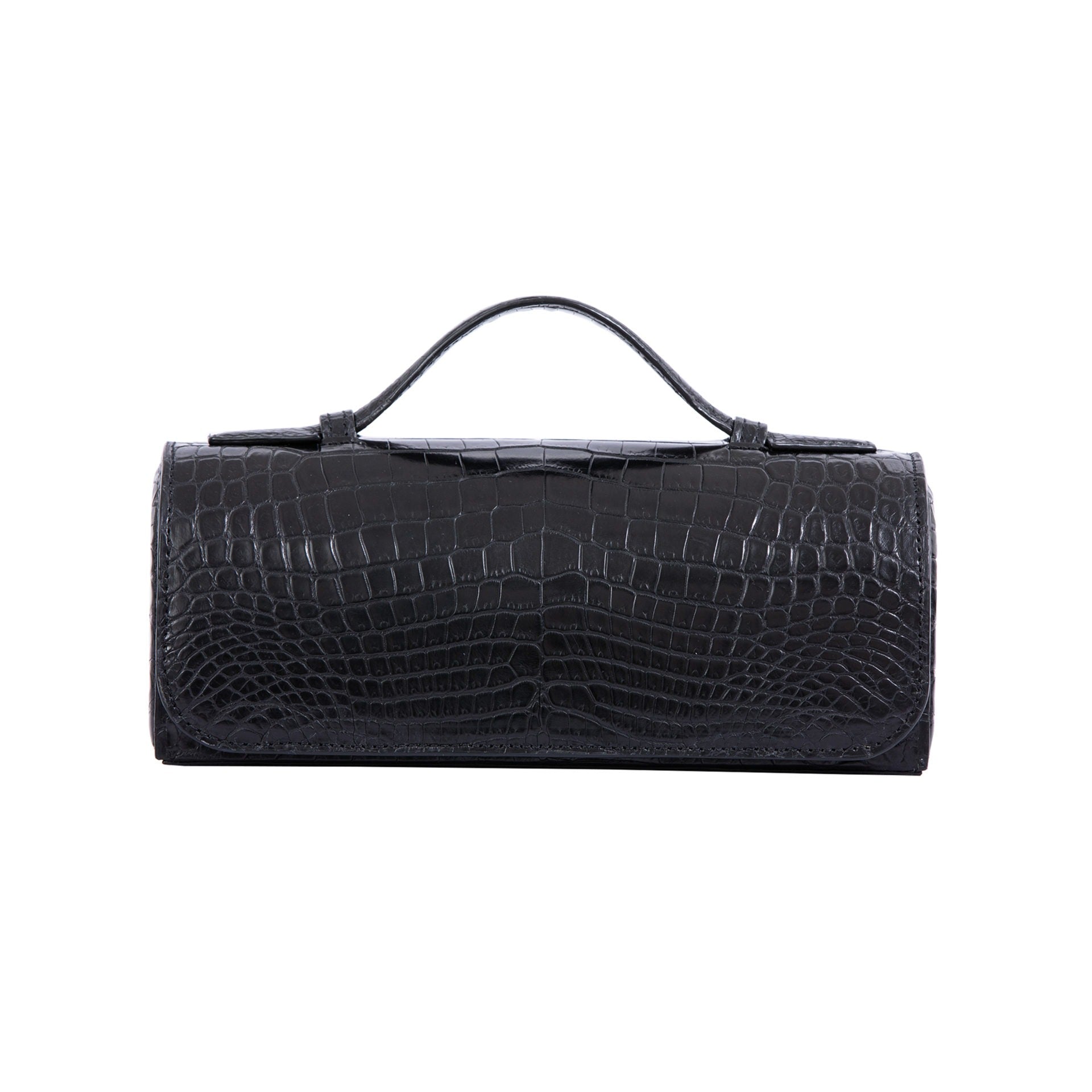 Black crocodile textured watch box on a white background 