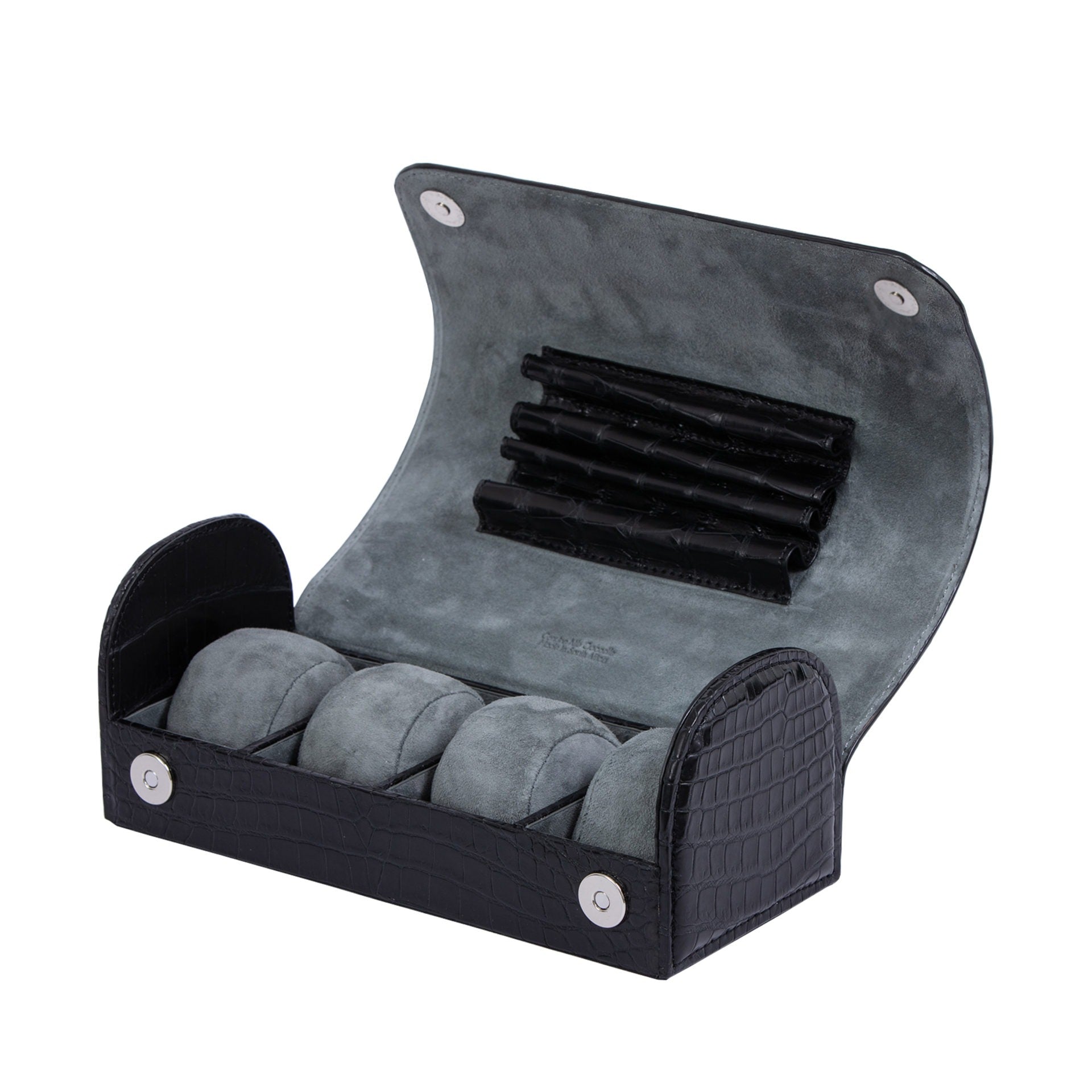 Black crocodile textured watch box on a white background 