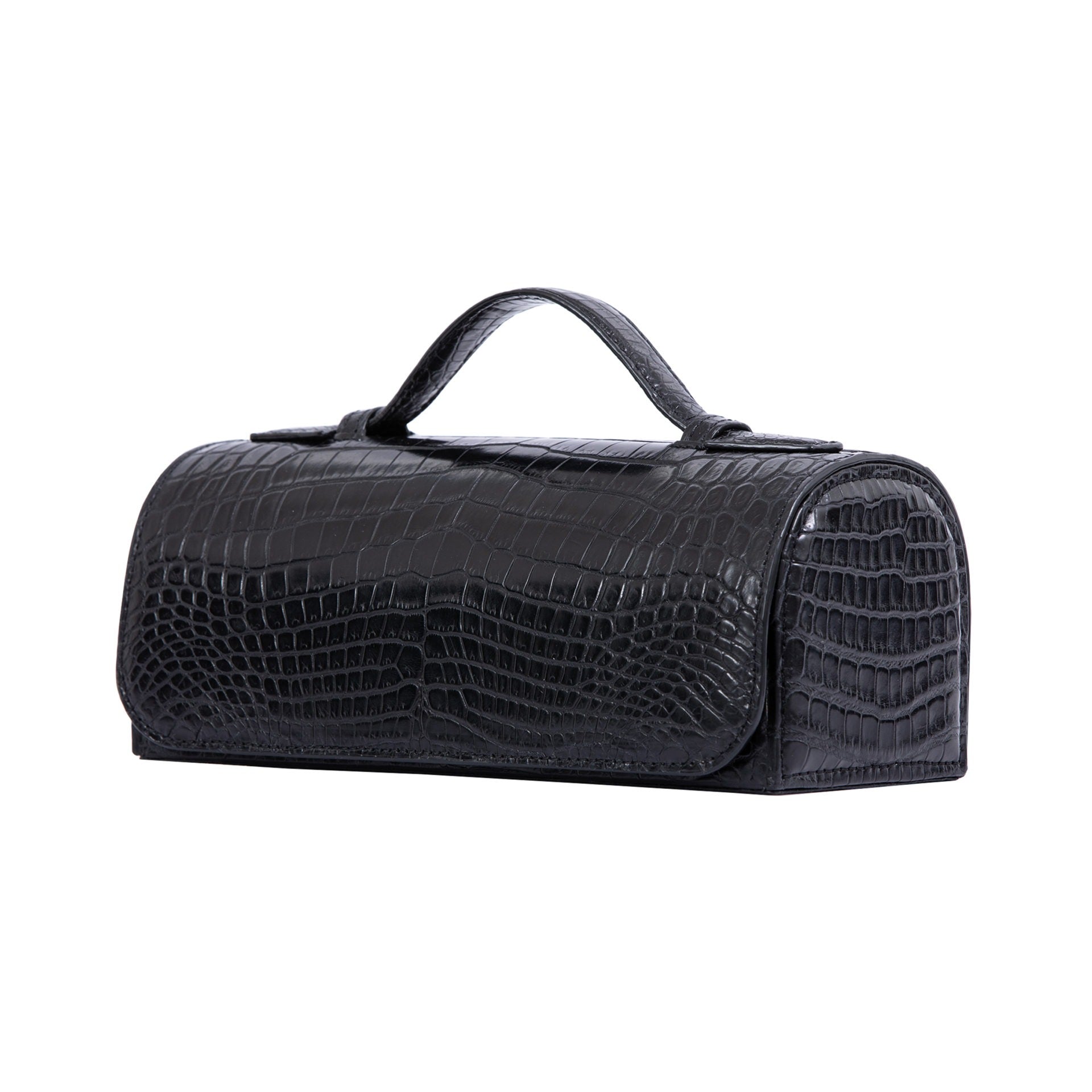 Black crocodile textured watch box on a white background 