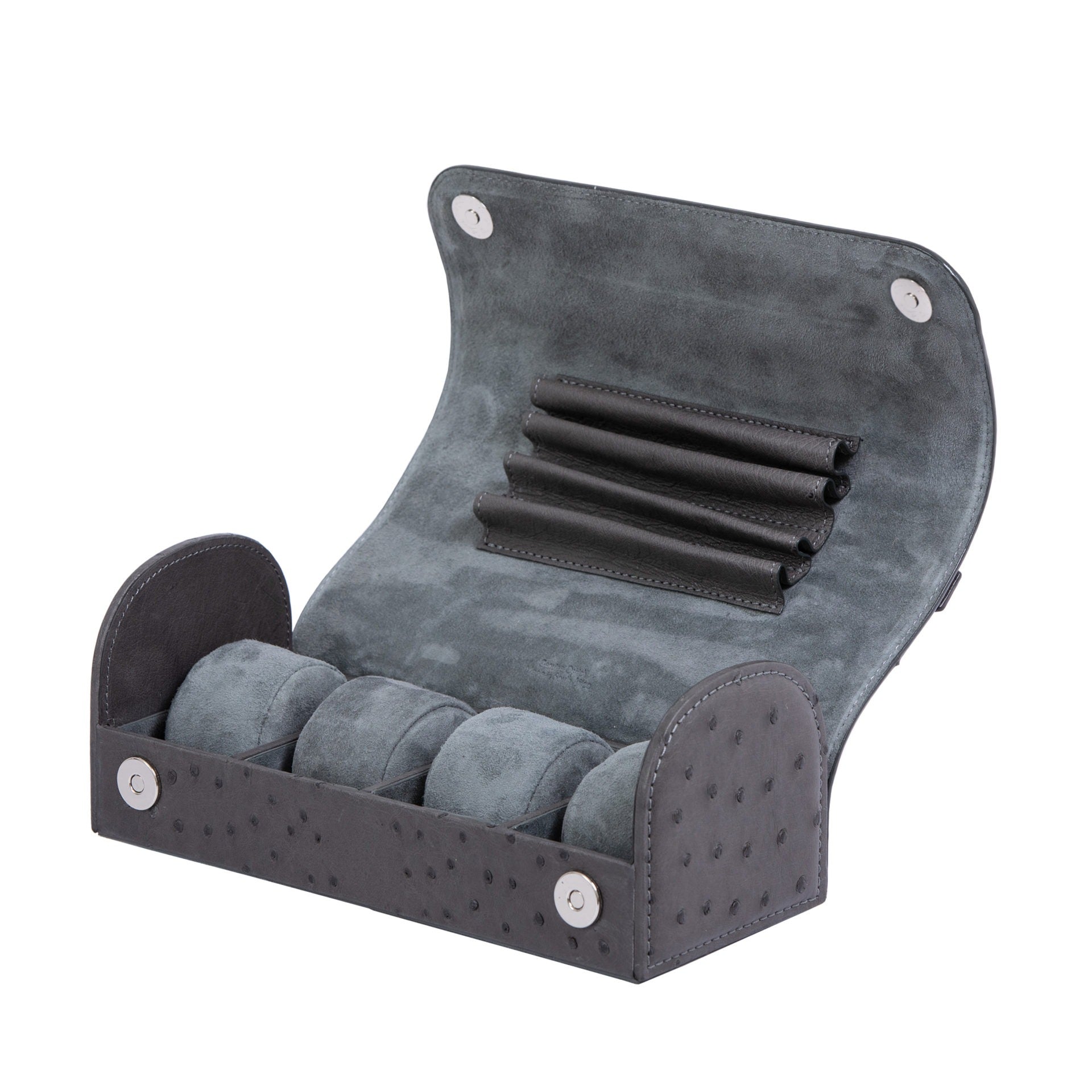 Anthracite ostrich textured watch box on a white background 