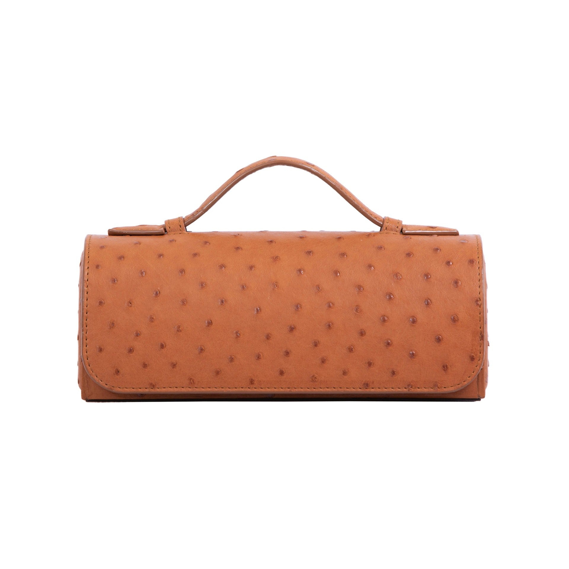 Cognac ostrich textured watch box on a white background 
