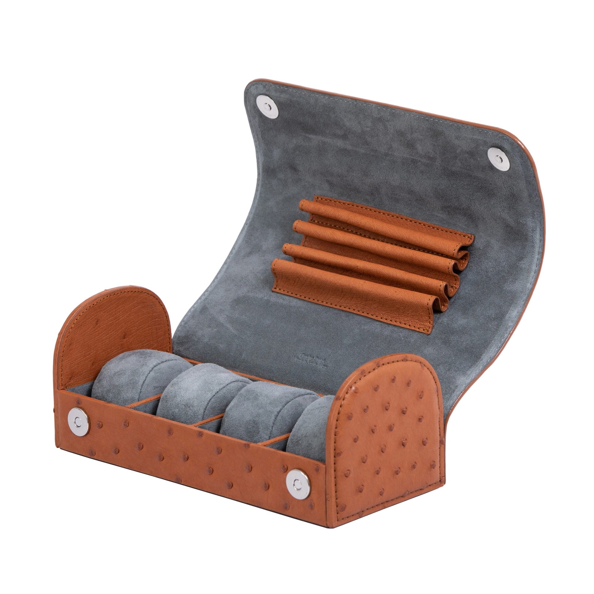 Cognac ostrich textured watch box on a white background 