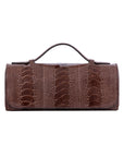 Dark brown ostrich textured watch box with a gold clasp on a white background 
