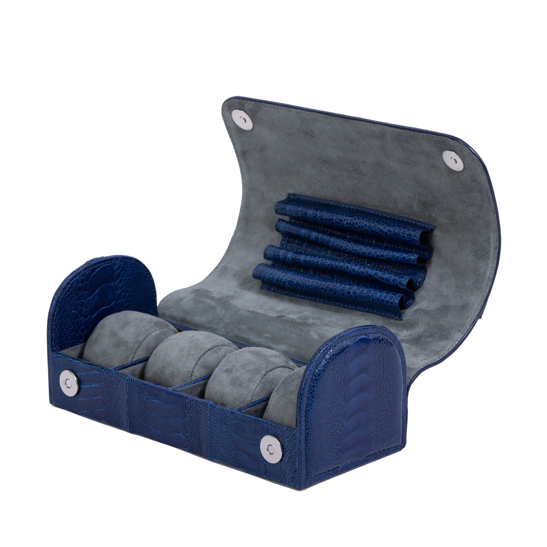 Blue crocodile textured watch box on a white background 