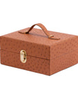 Brown ostrich textured jewelry box with a gold clasp on a white background