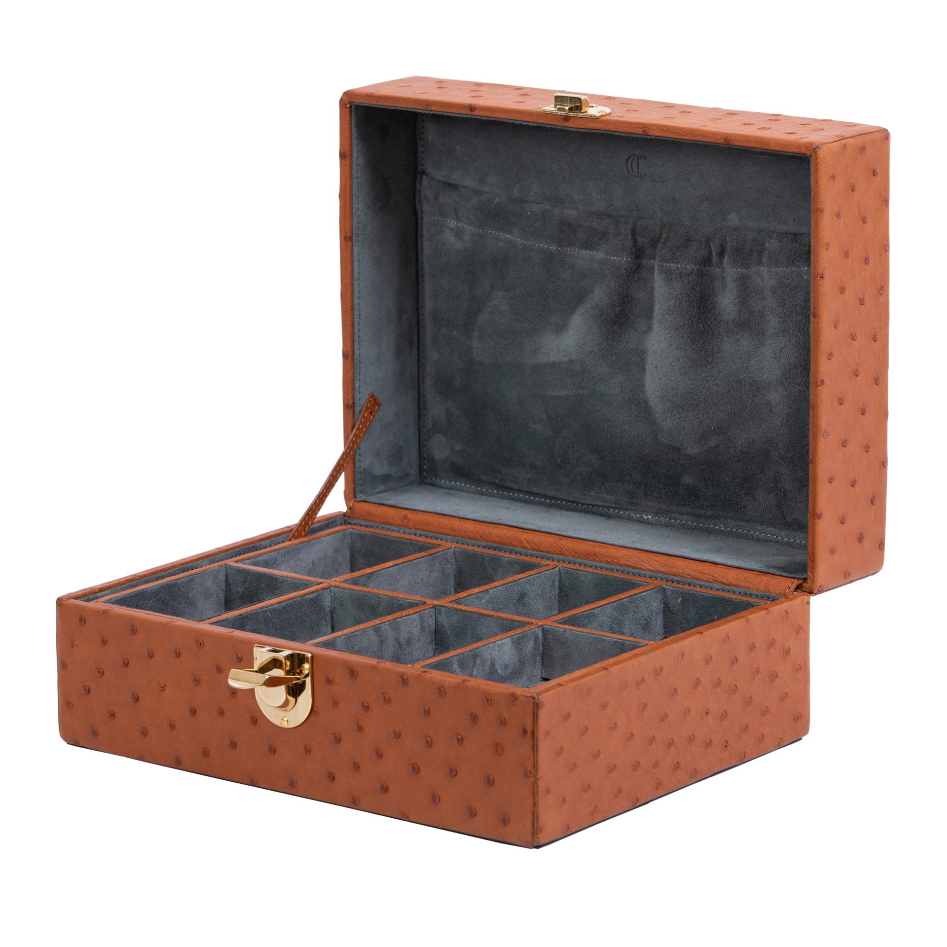 Brown ostrich jewelry box with compartments on a white background