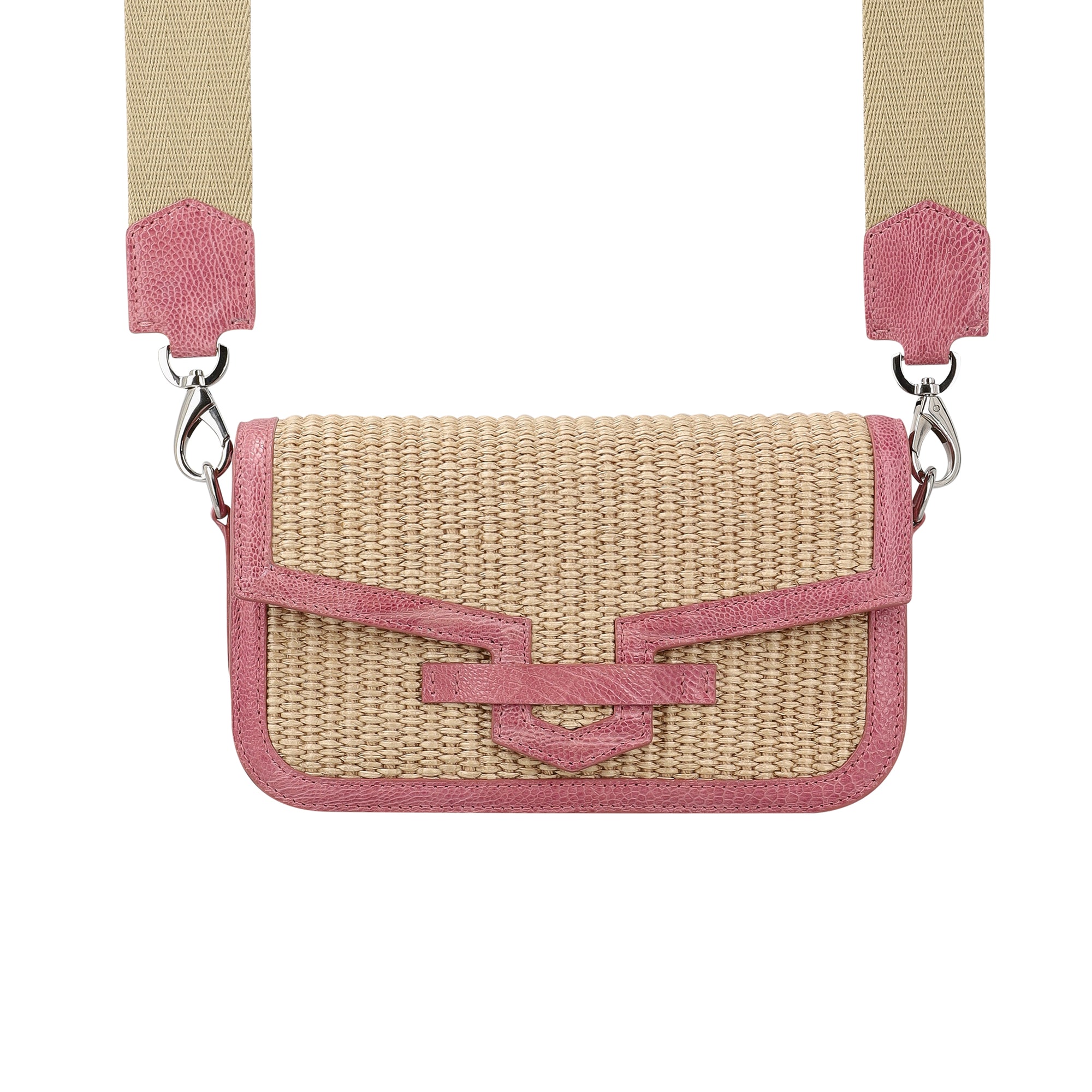 Front of a beige woven pouch with pink trim with a strap on a white background