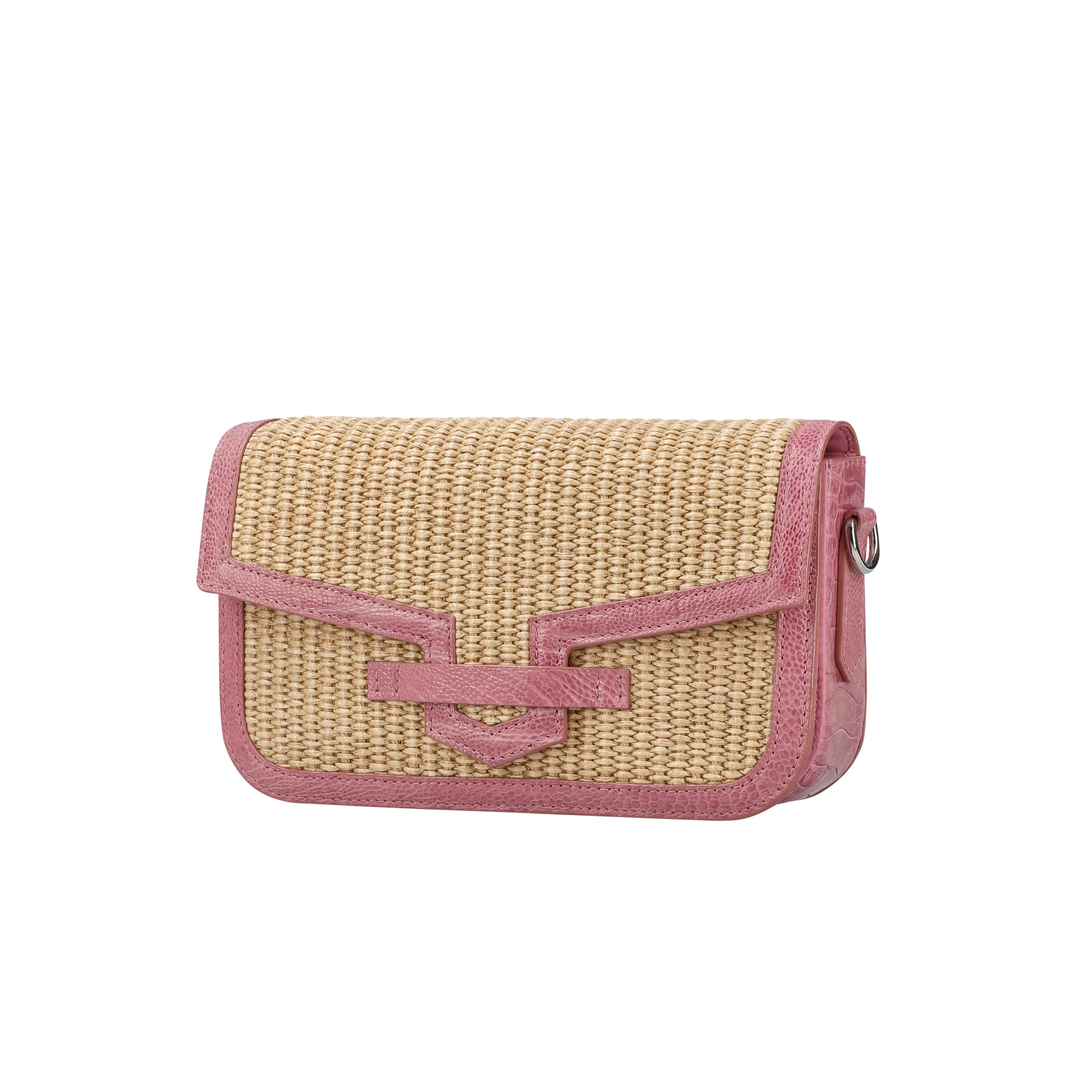 Side of a beige woven pouch with pink trim on a white background