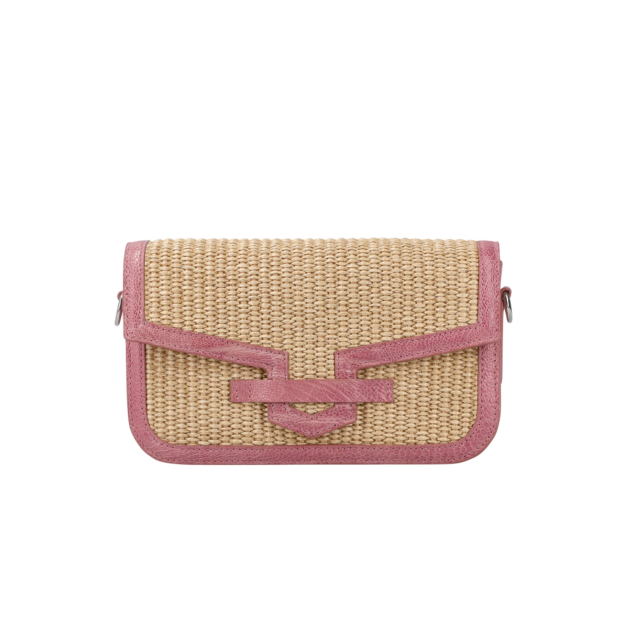 Front of a beige woven pouch with pink trim on a white background