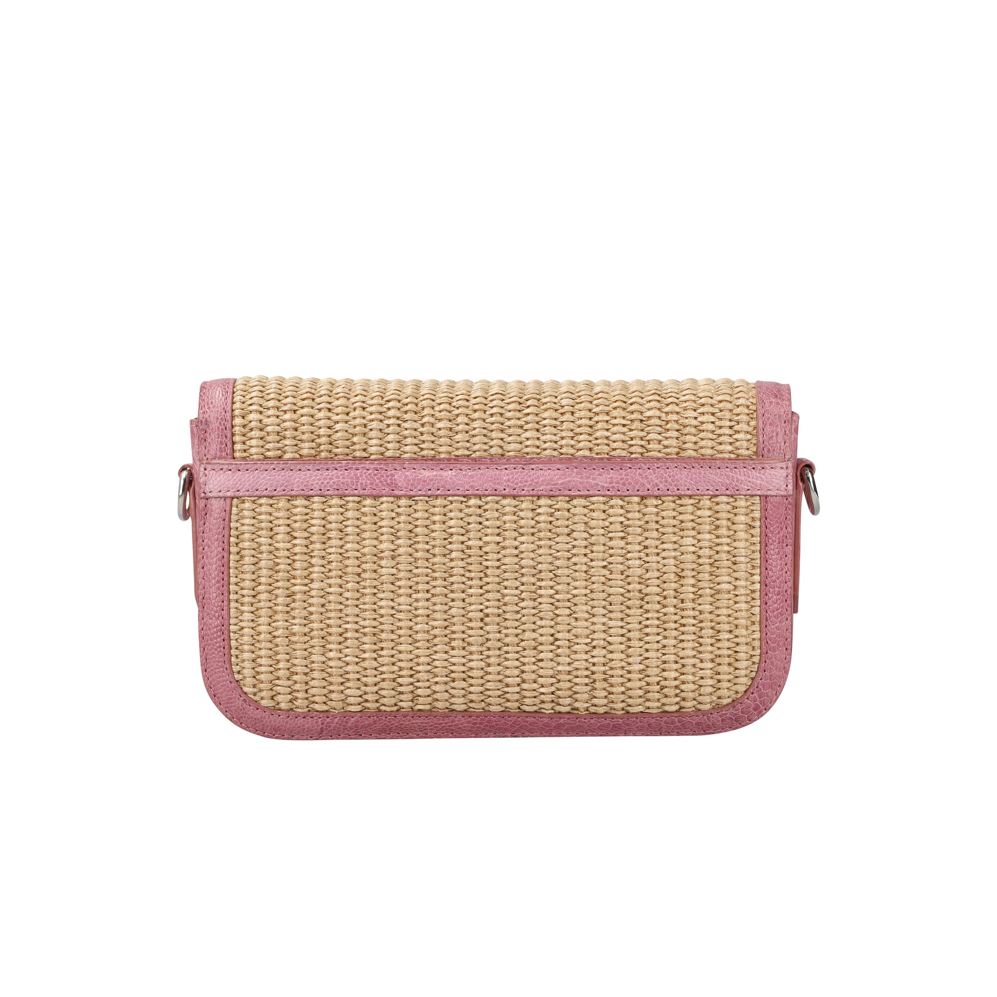 Back of a beige woven pouch with pink trim on a white background