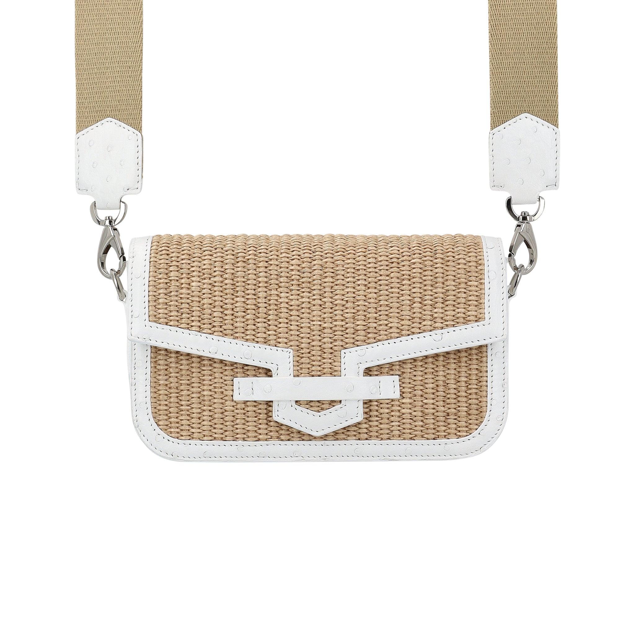 Front of a beige woven pouch with white trim with a strap on a white background