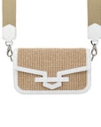 Front of a beige woven pouch with white trim with a strap on a white background