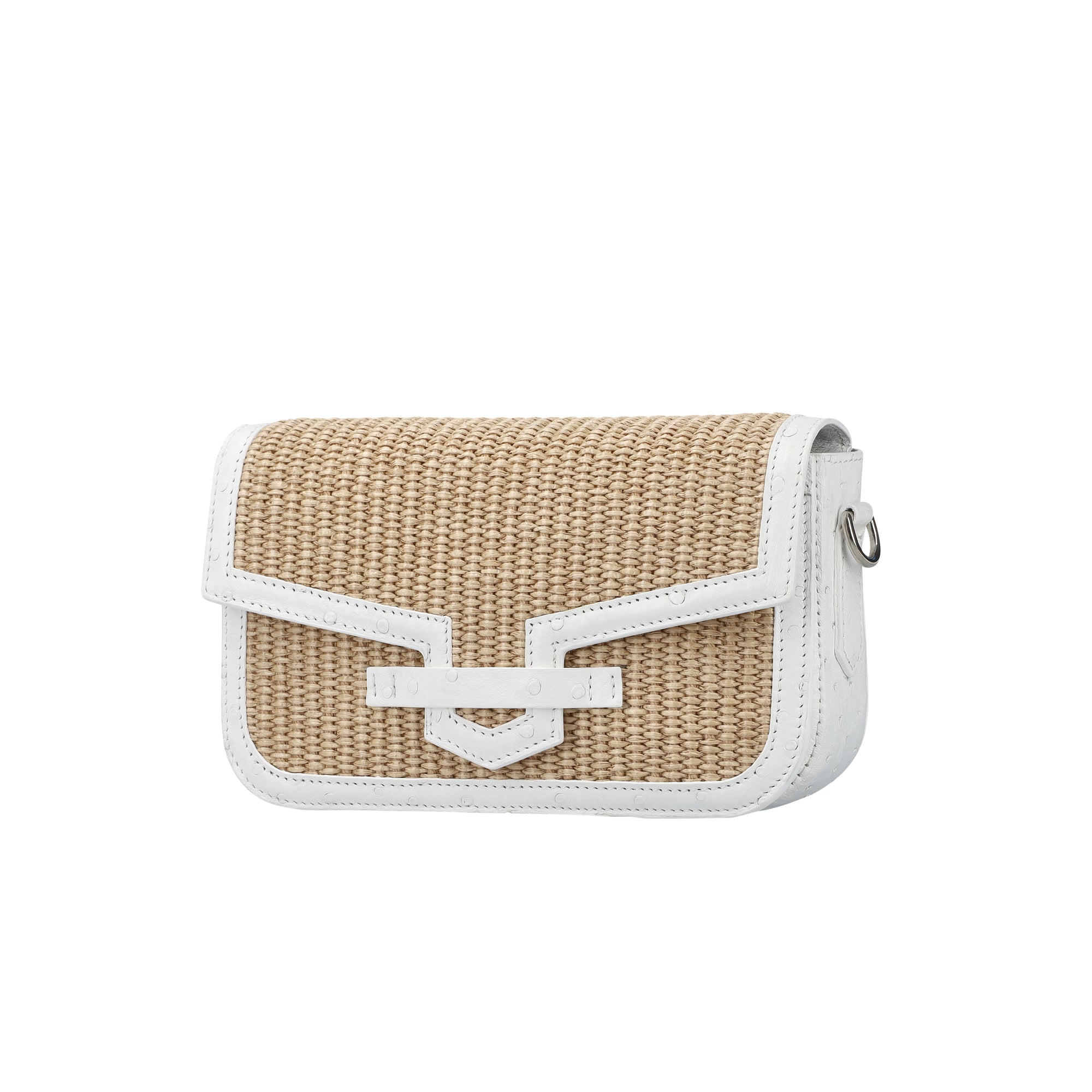 Side of a beige woven handbag with white trim on a white background