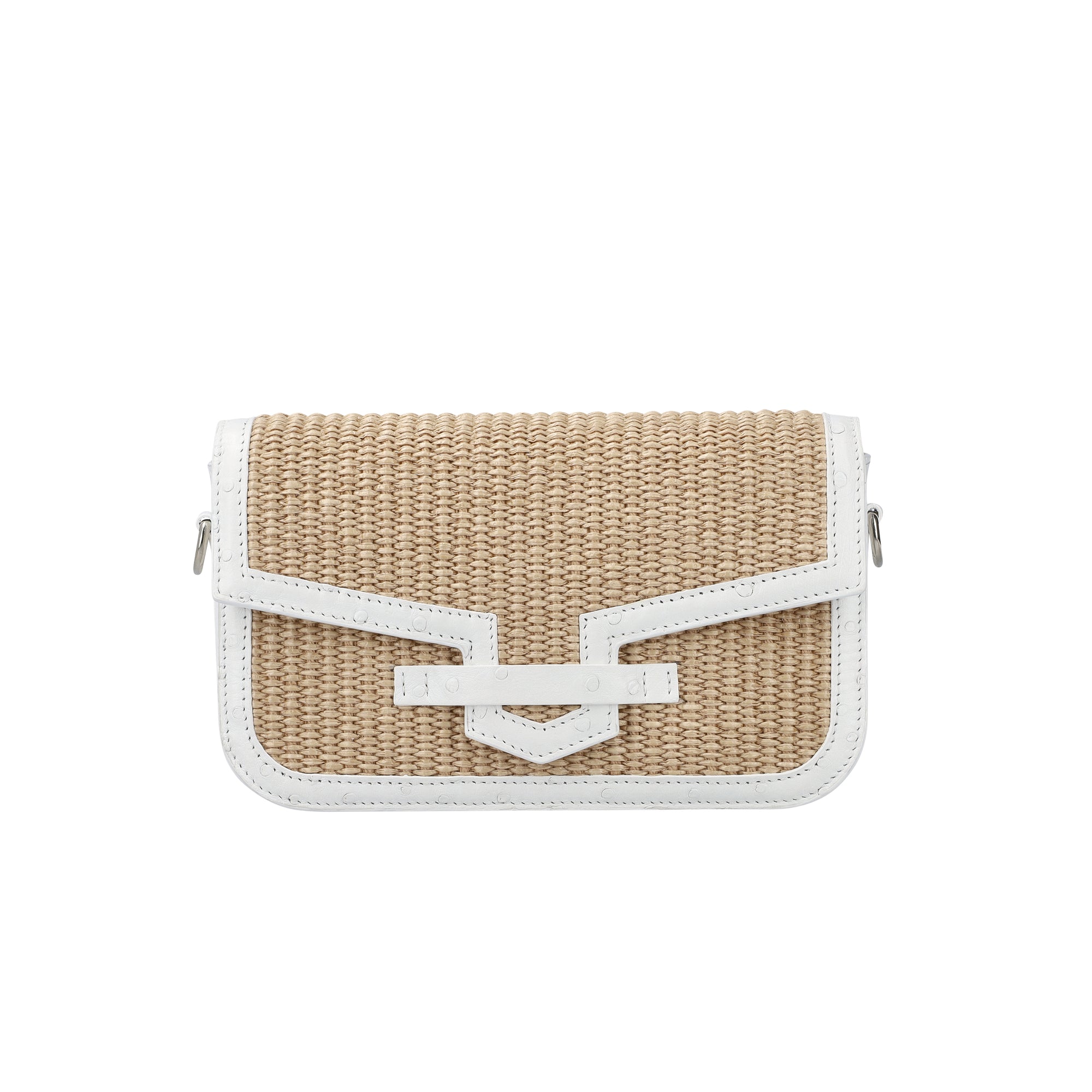 Front of a beige woven handbag with white trim on a white background