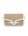 Front of a beige woven handbag with white trim on a white background