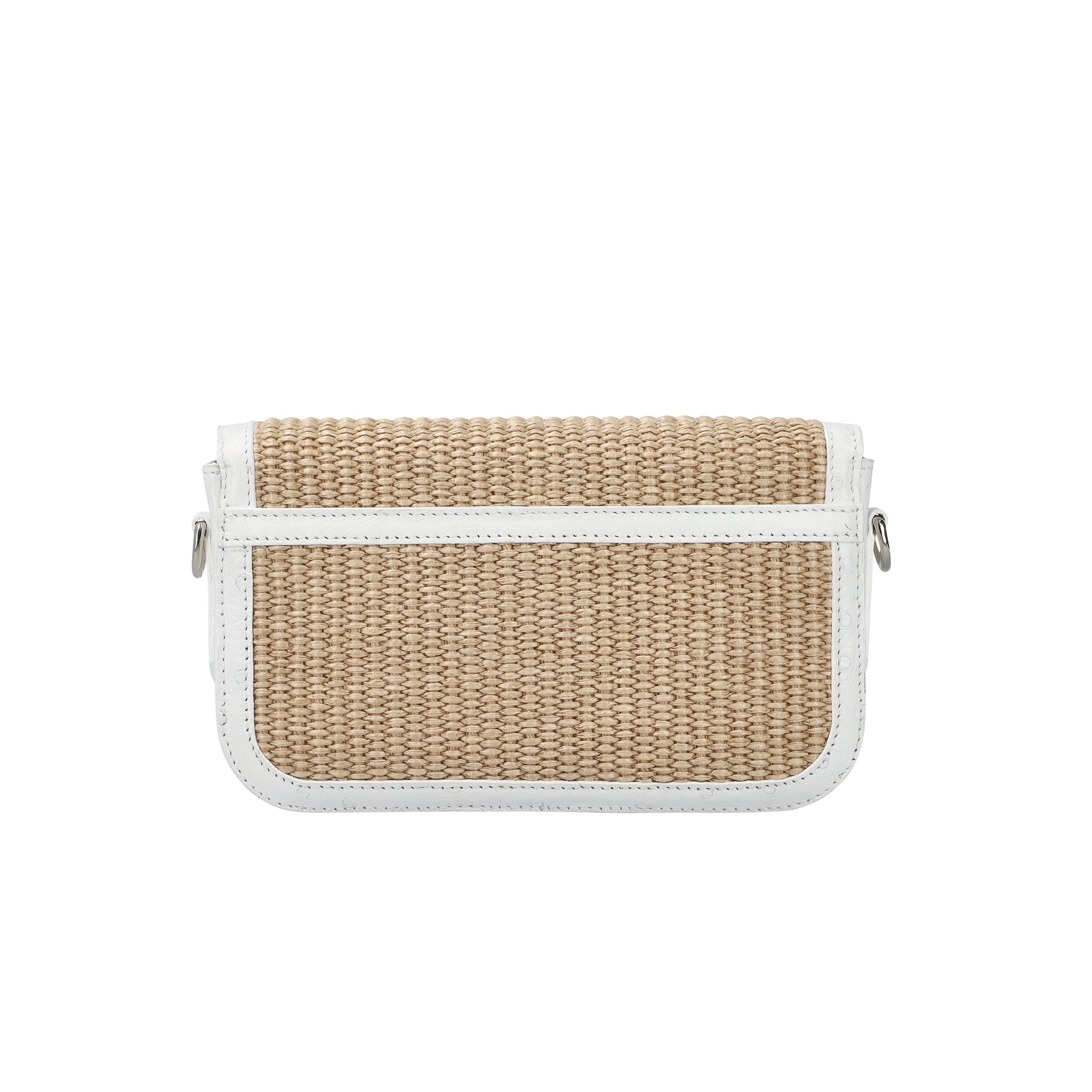Back of a beige woven pouch with white trim on a white background