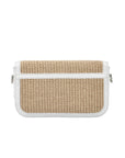 Back of a beige woven pouch with white trim on a white background