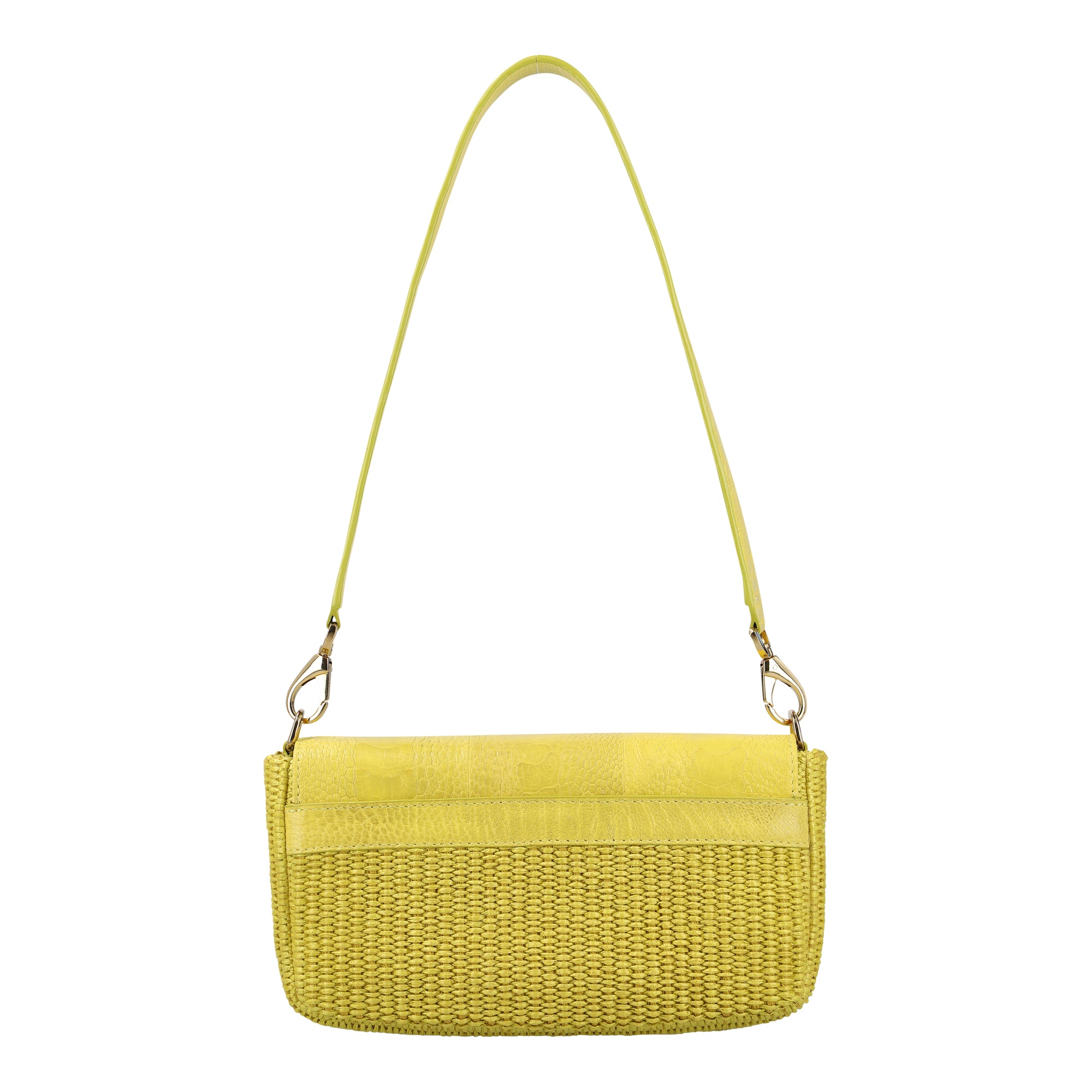 Back of a yellow woven handbag with a strap on a white background