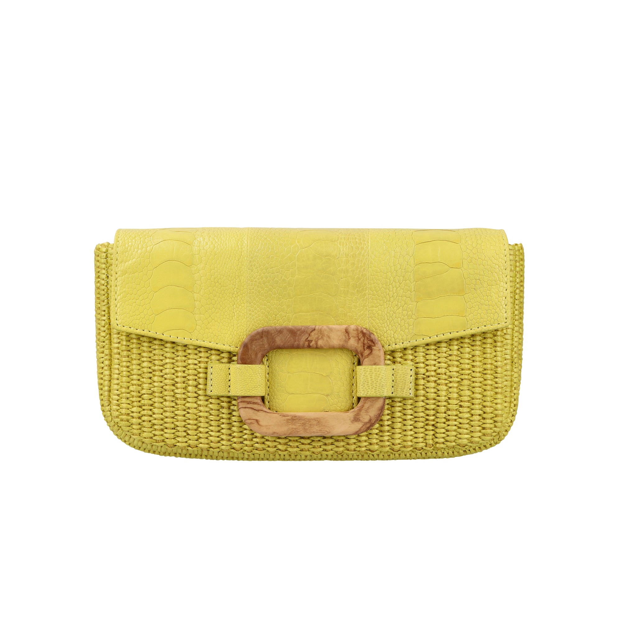 Front of a yellow woven handbag on a white background