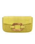 Front of a yellow woven handbag on a white background