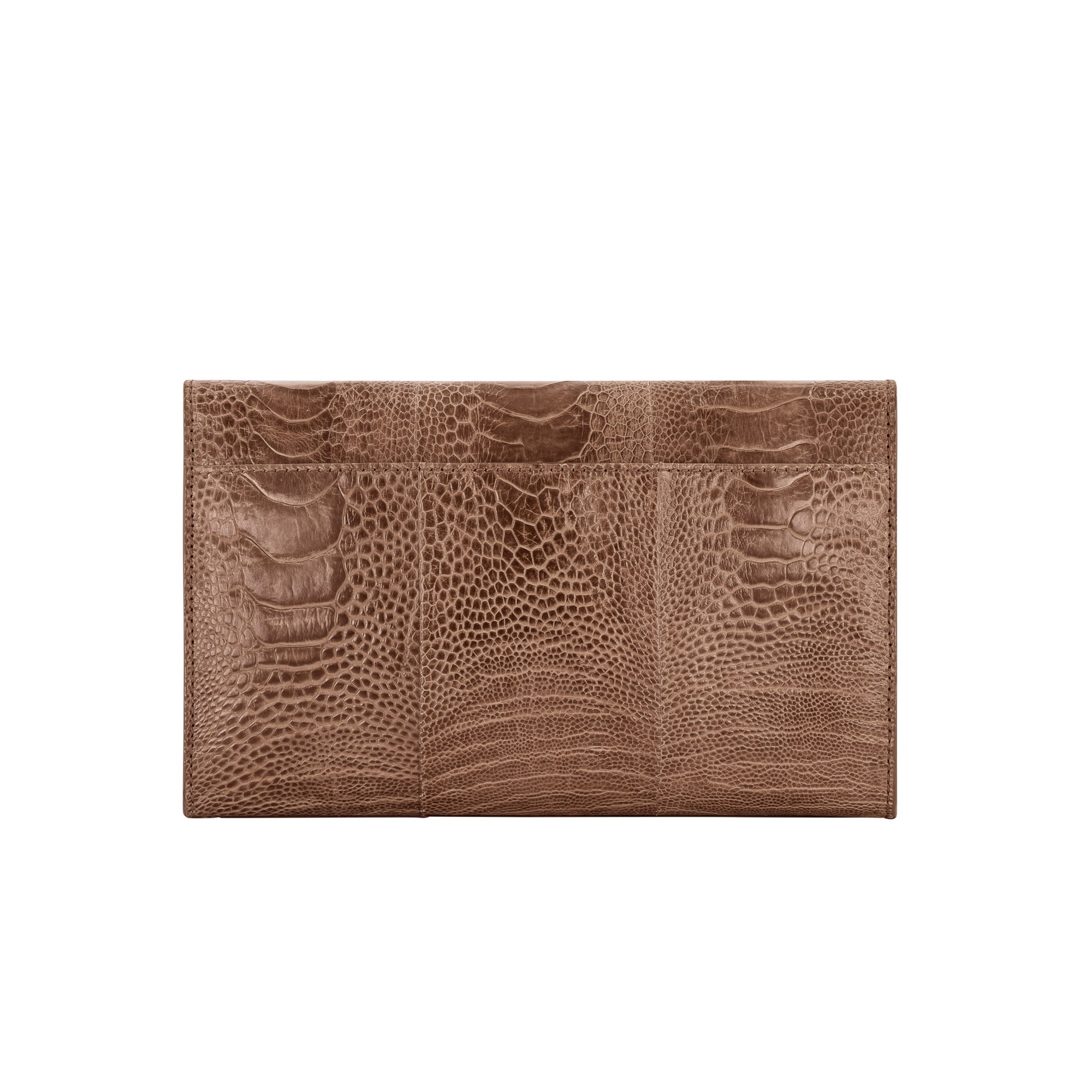 Back of nutmeg clutch bag on a white background