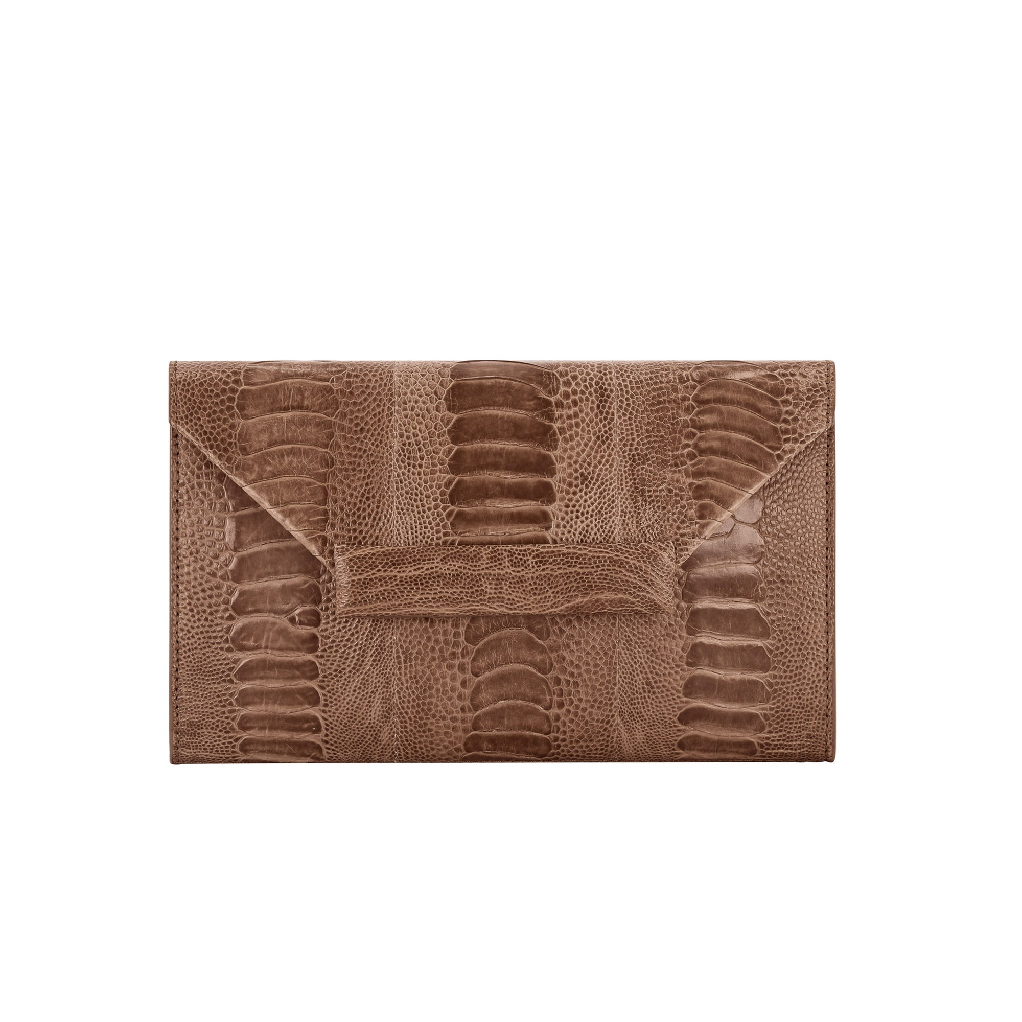 Front of nutmeg clutch bag on a white background