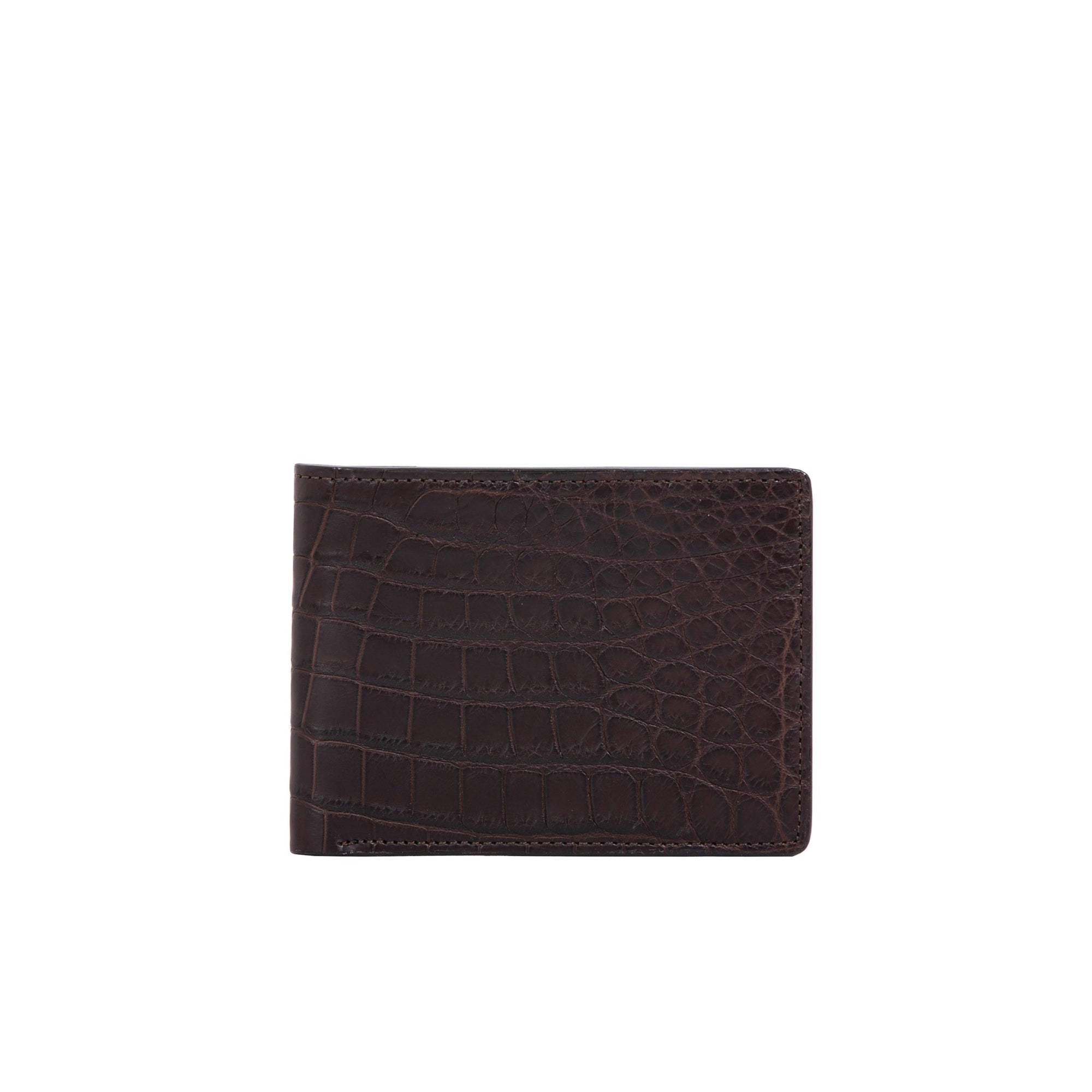 Dark brown crocodile-patterned wallet on a white background