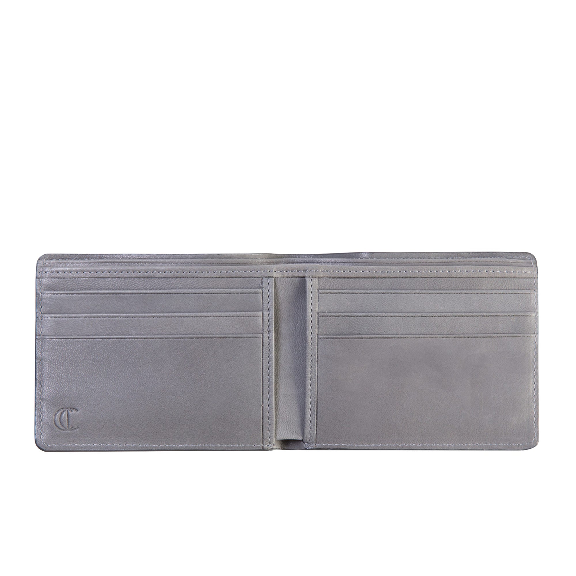 Open gray leather wallet open on a white background