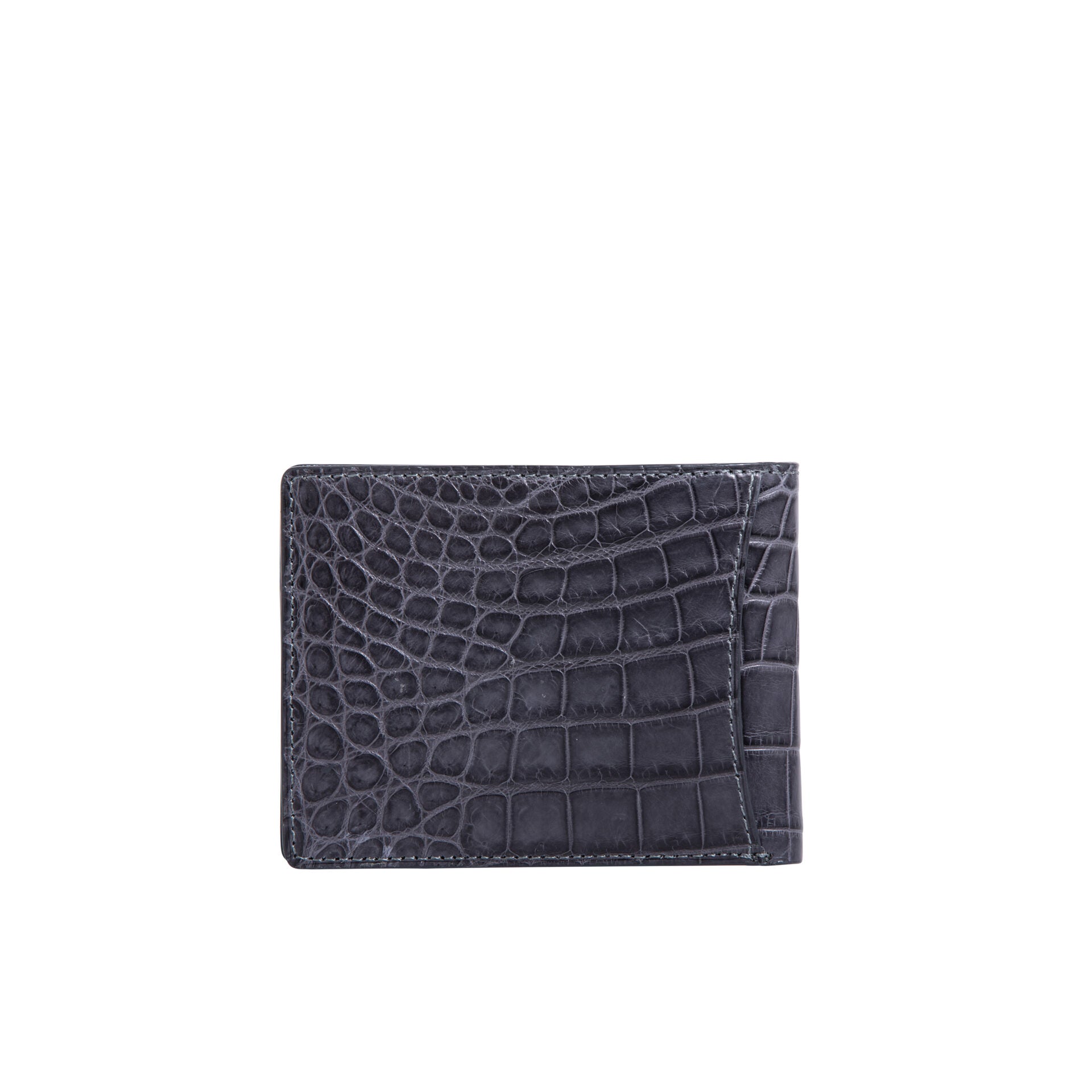Back of black crocodile-patterned leather wallet on a white background