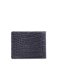Back of black crocodile-patterned leather wallet on a white background