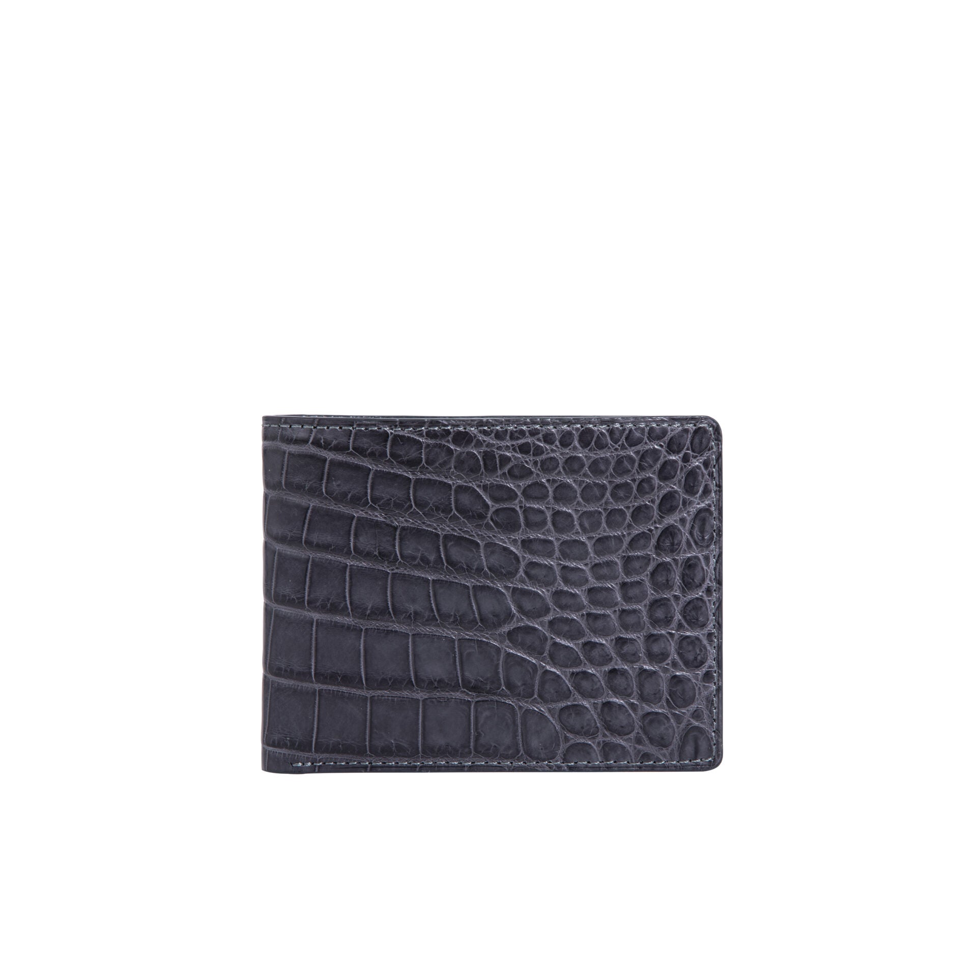 Front of gray leather wallet on a white background