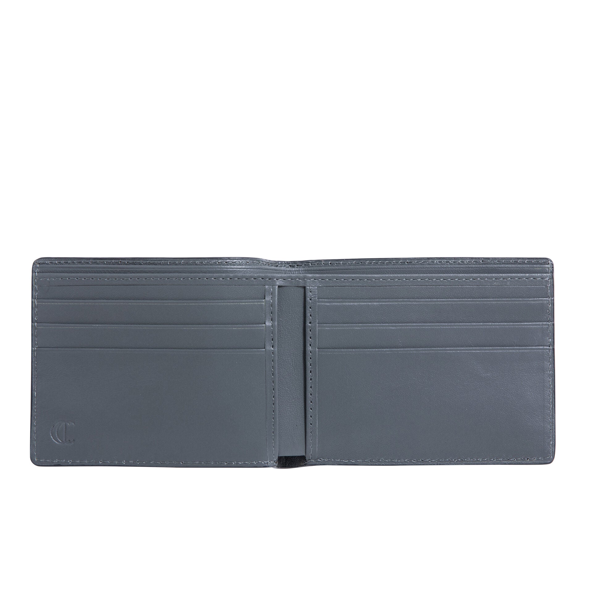 Opened gray leather wallet on a white background