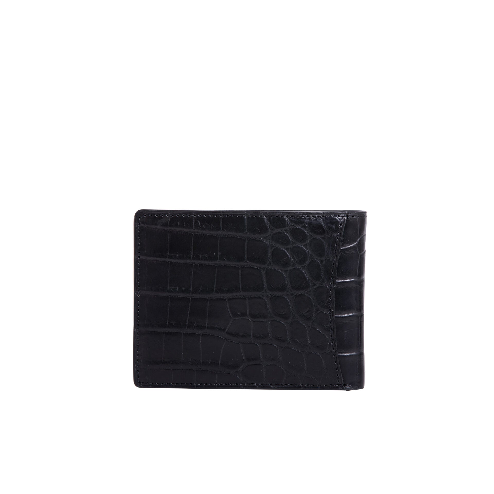 Back of black crocodile-patterned leather wallet on a white background
