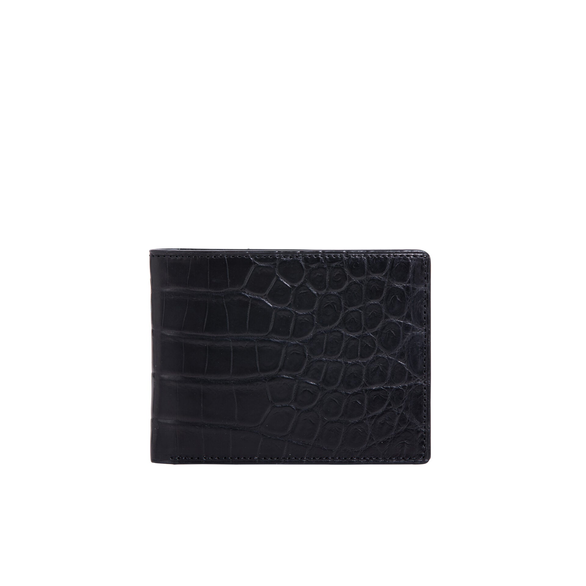 Back of black crocodile-patterned leather wallet on a white background
