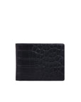 Back of black crocodile-patterned leather wallet on a white background