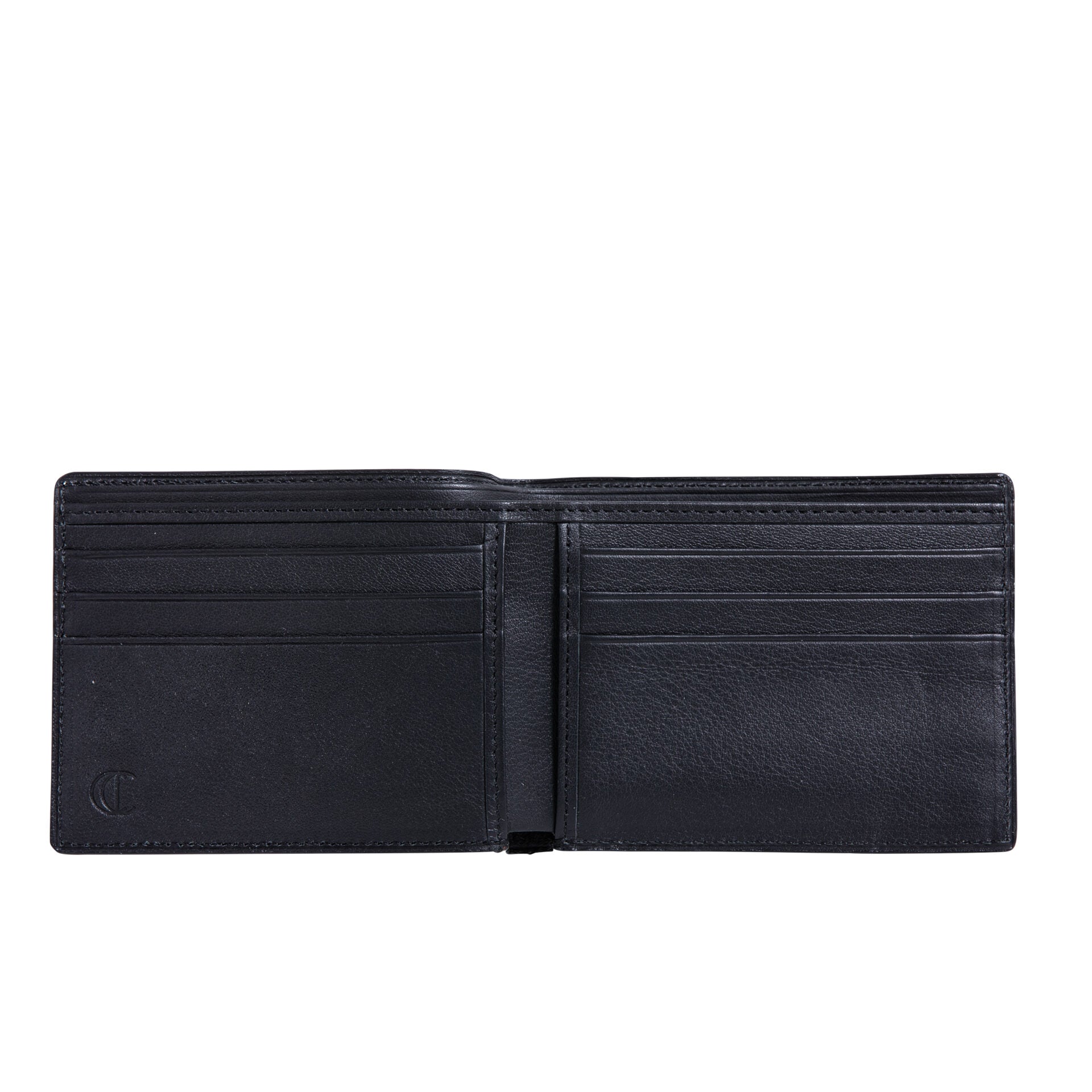 Opened black crocodile-patterned leather wallet on a white background