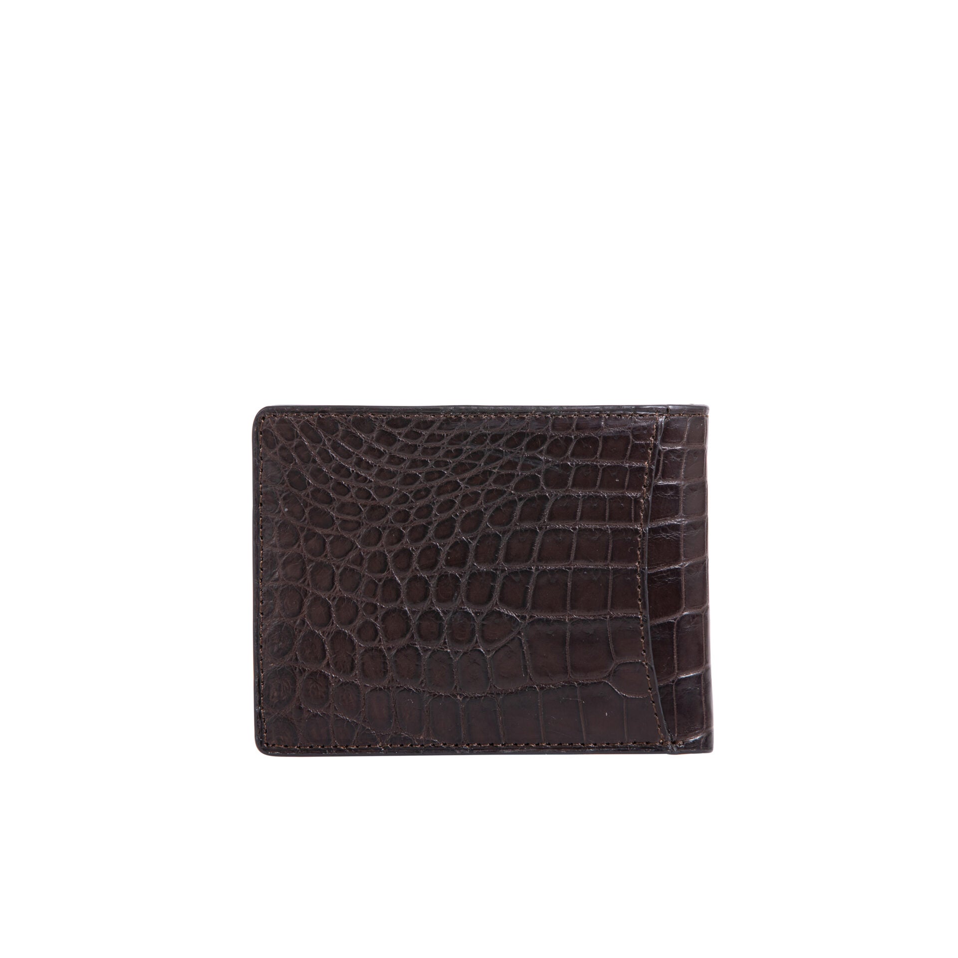 Brown crocodile-patterned leather wallet on a white background