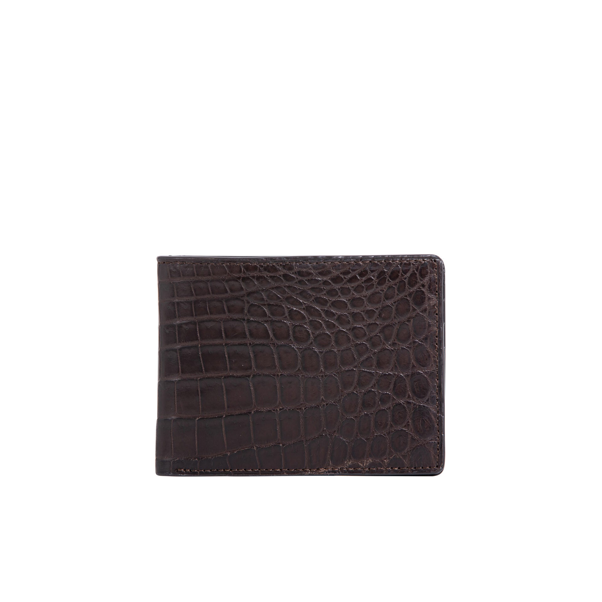 Front side of brown crocodile-patterned leather wallet on a white background