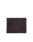Front side of brown crocodile-patterned leather wallet on a white background