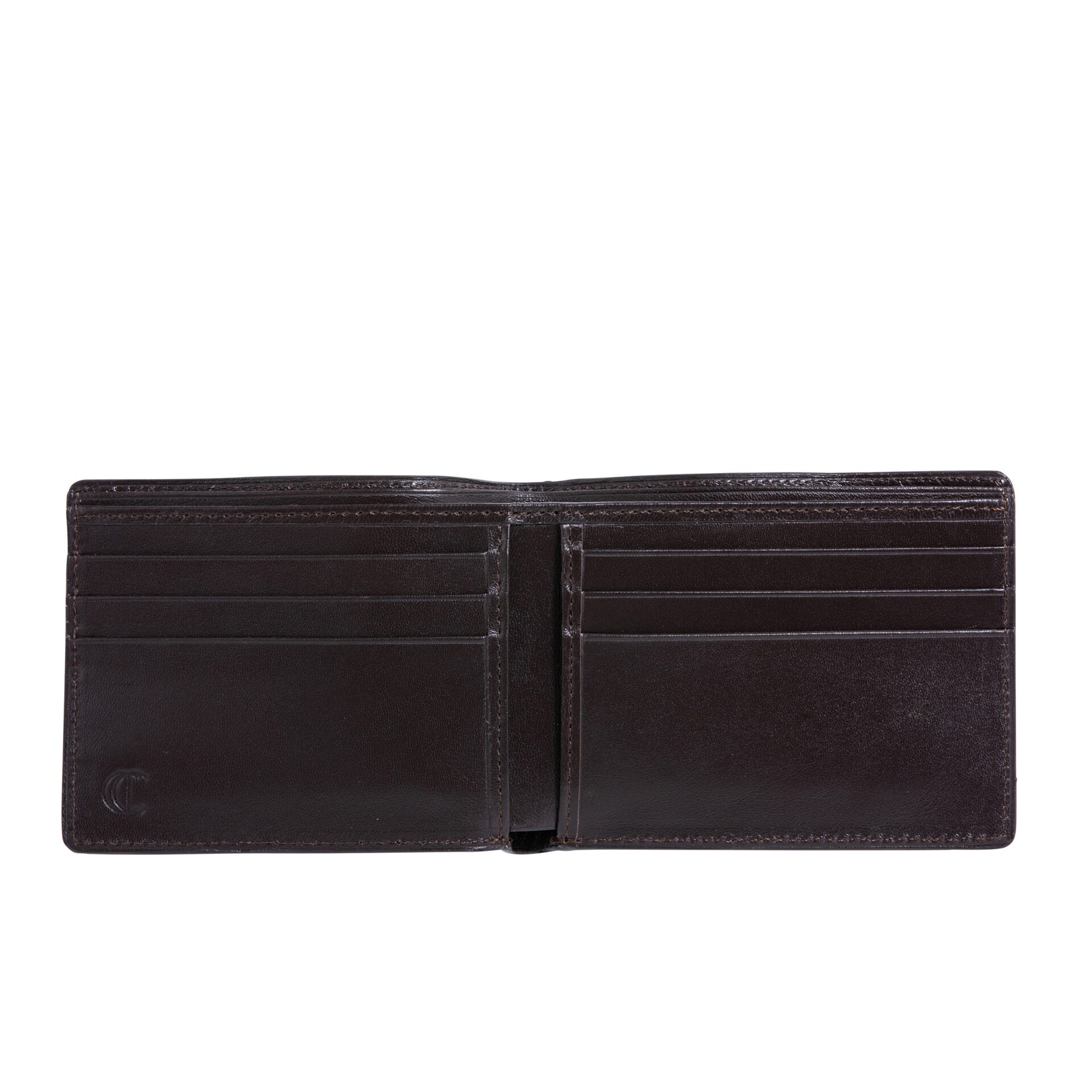 Opened brown crocodile-patterned leather wallet on a white background
