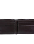 Opened brown crocodile-patterned leather wallet on a white background