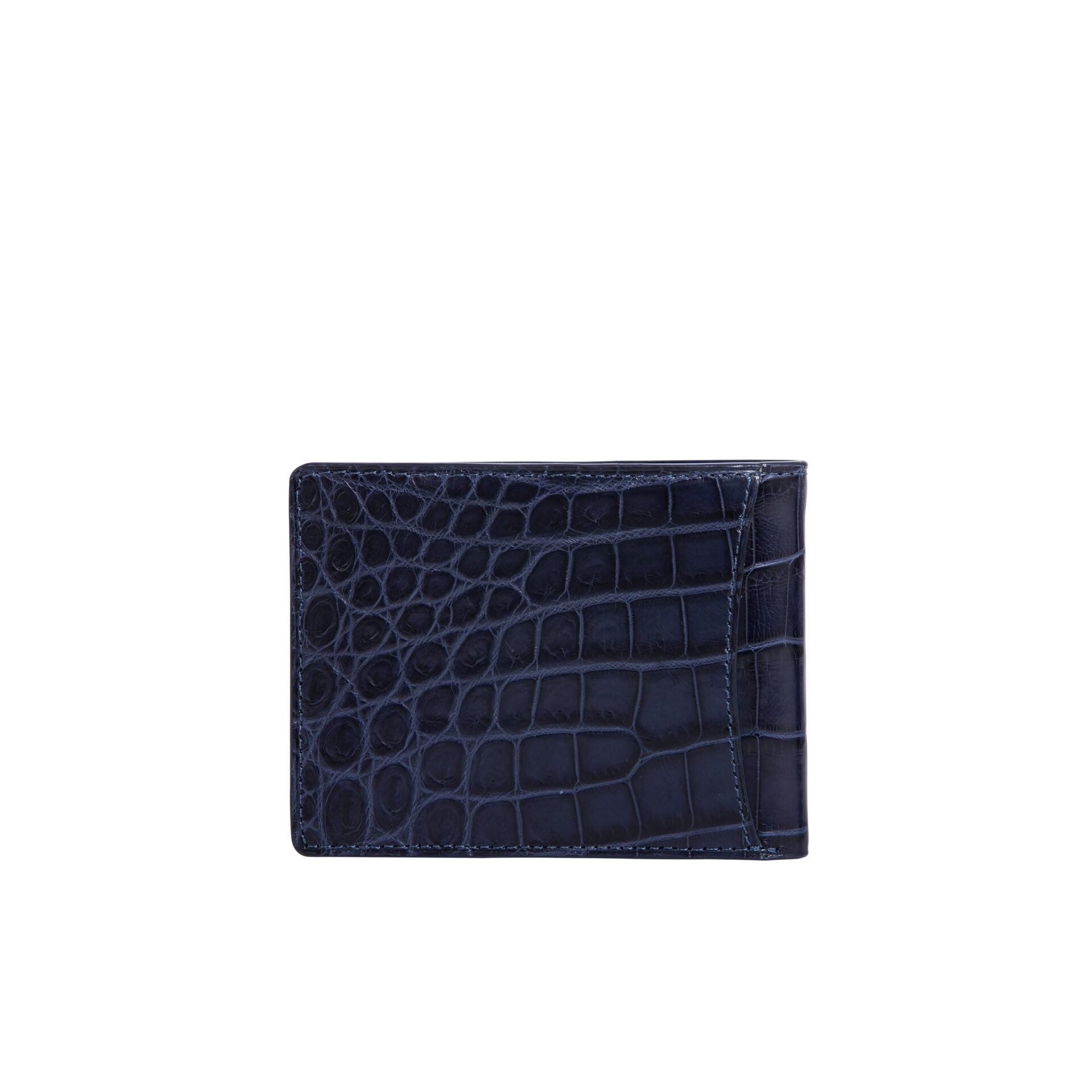 Navy crocodile-patterned leather wallet on a white background