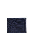 Navy crocodile-patterned leather wallet on a white background