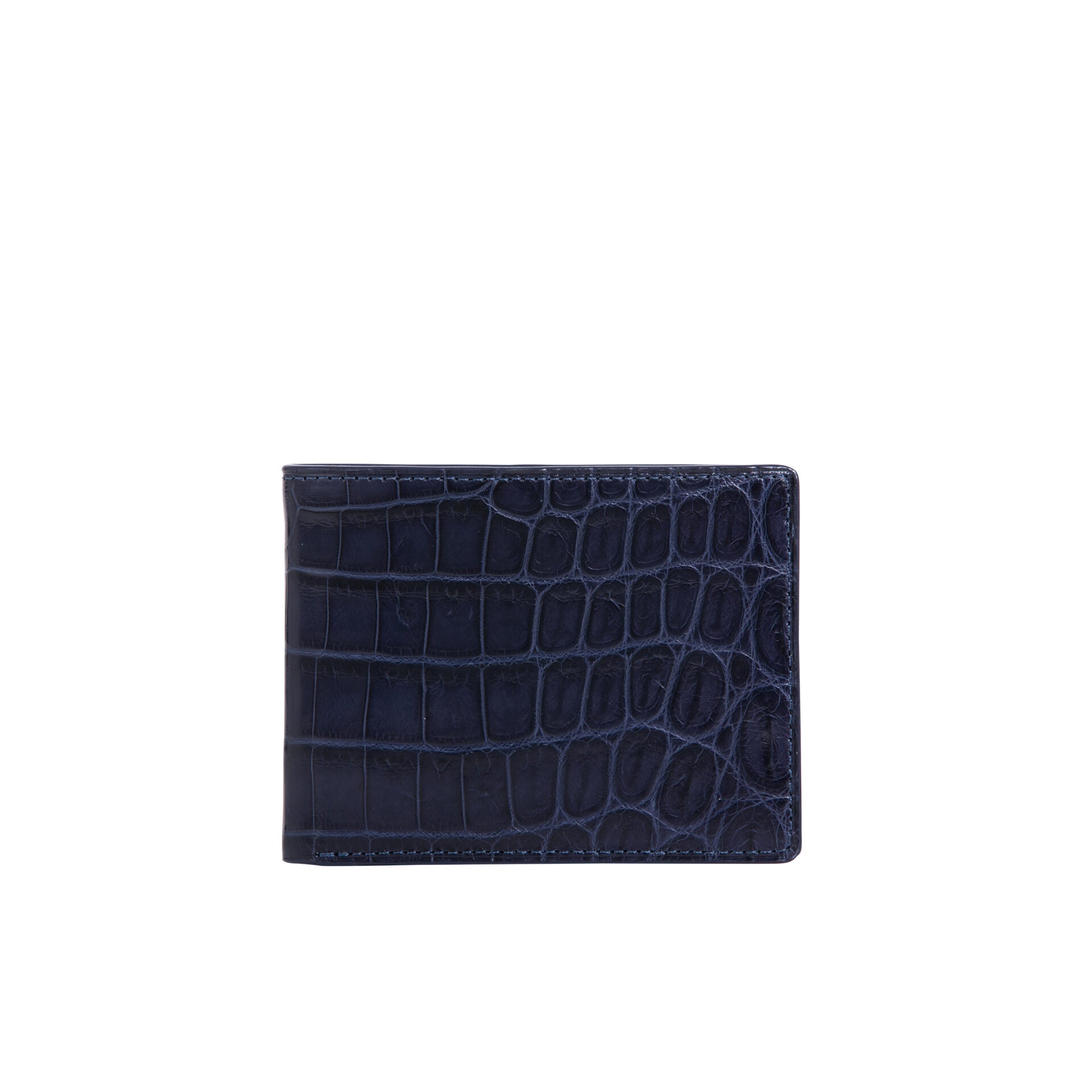 Navy crocodile-patterned leather wallet on a white background