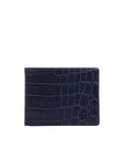 Navy crocodile-patterned leather wallet on a white background