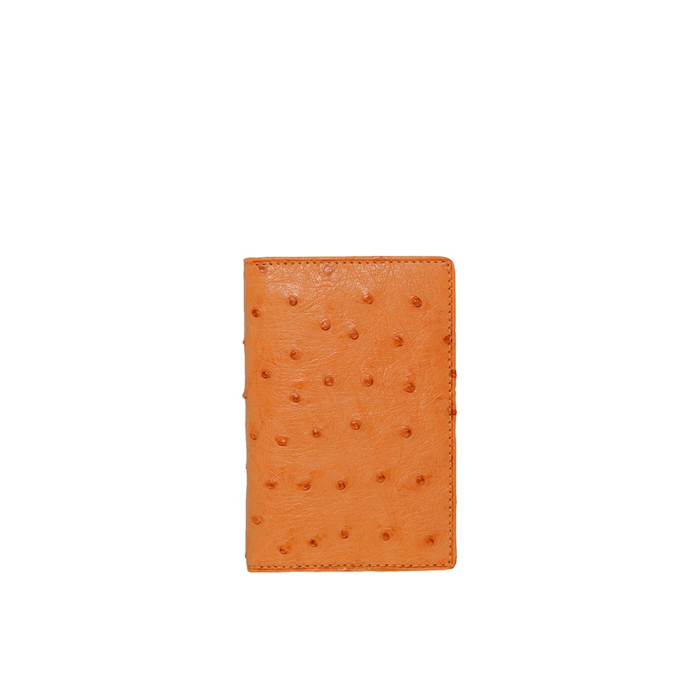 Orange leather wallet with a textured pattern on a white background