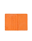Open orange leather wallet on a white background