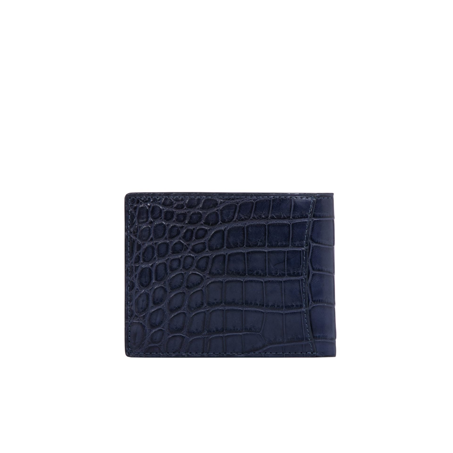Navy crocodile textured wallet on a white background