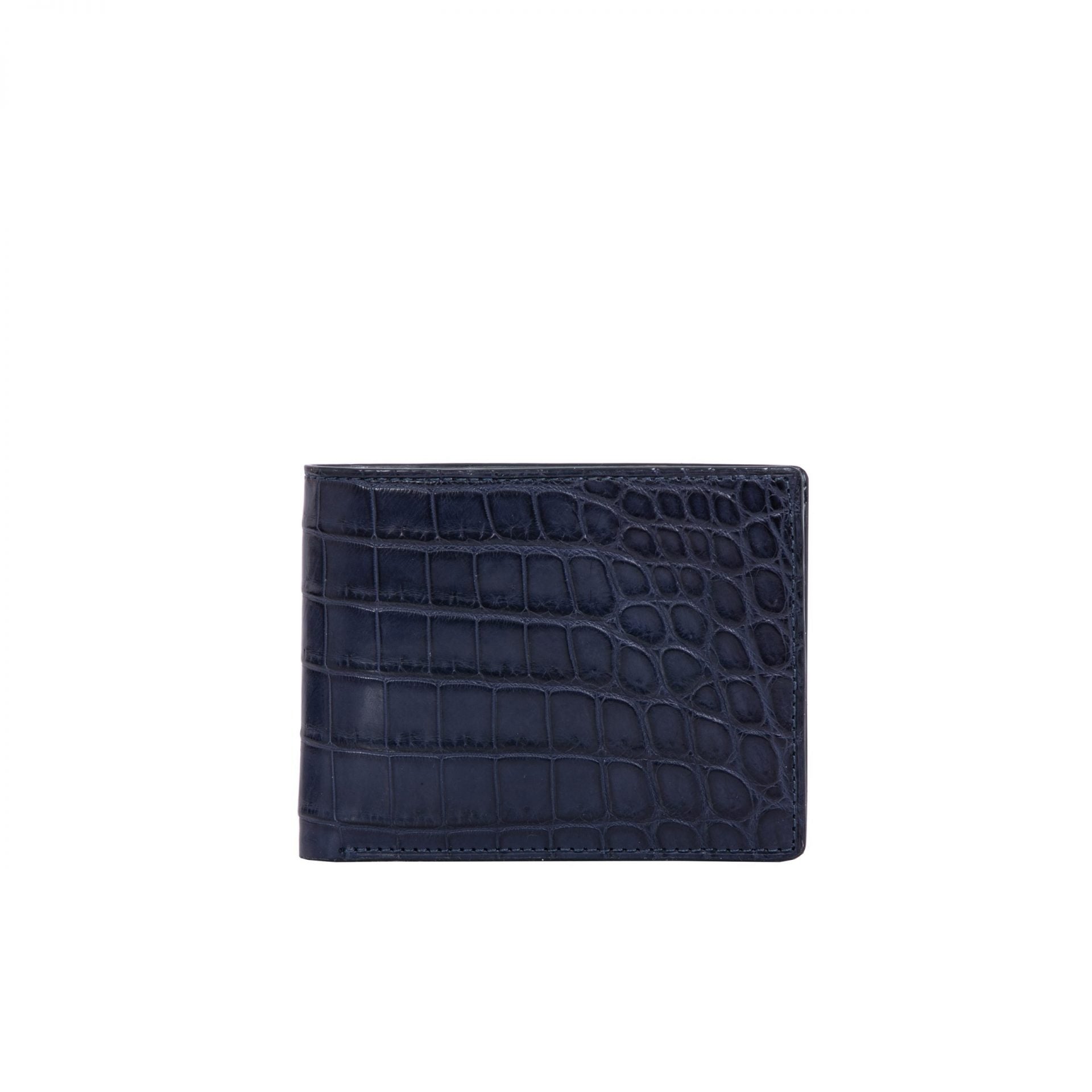 Front of navy crocodile textured wallet on a white background